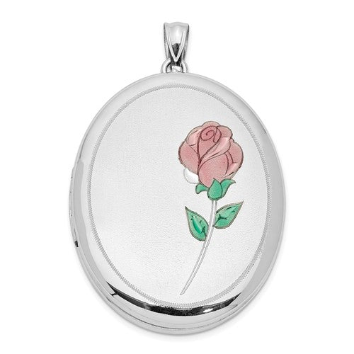 SSP Sterling Silver Rhod-plated Satin & Polished Enamel Rose 34mm Oval Locket