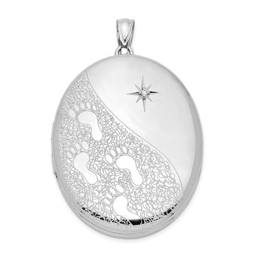 DSS Sterling Silver Rhodium-plated & Diamond Footprints 34mm Oval Locket