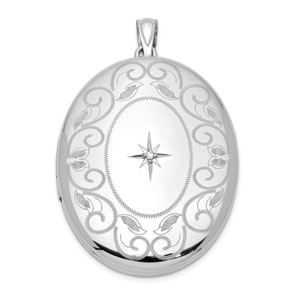 DSS Sterling Silver Rhodium-plated & Diamond w/ Swirl Border 34mm Oval Locket