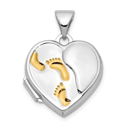 SSP Sterling Silver Rhodium & Gold-plated 15m Heart Foot Prints Locket