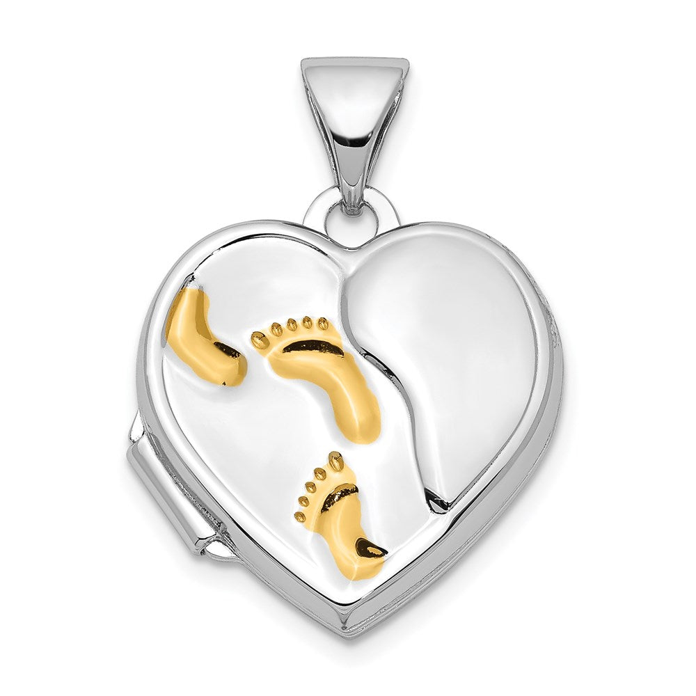 SSP Sterling Silver Rhodium & Gold-plated 15m Heart Foot Prints Locket