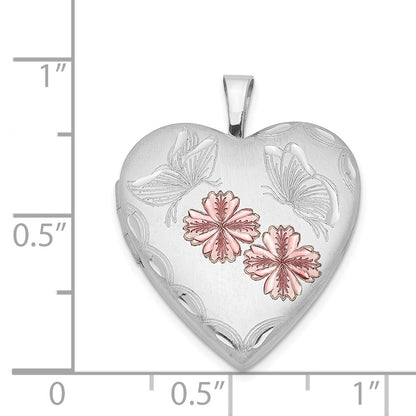 SSL Sterling Silver Rhodium-plated Enameled Flowers & Butterfly Heart Locket