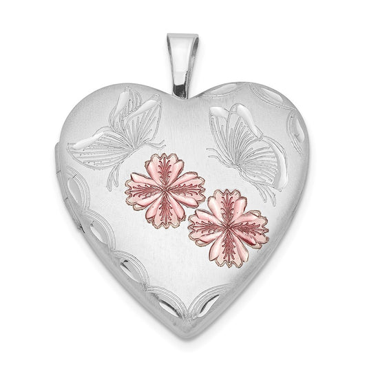 SSL Sterling Silver Rhodium-plated Enameled Flowers & Butterfly Heart Locket