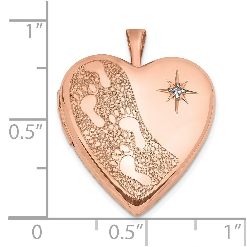 DSS Sterling Silver Rose Gold-plated 20mm w/ Diamond Footprints Heart Locket