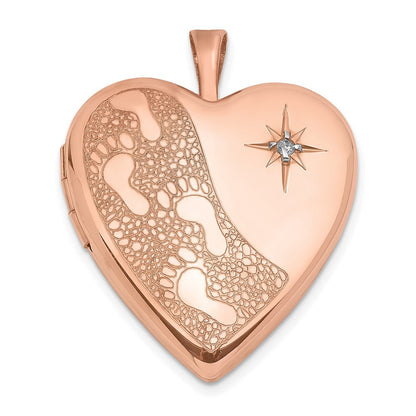DSS Sterling Silver Rose Gold-plated 20mm w/ Diamond Footprints Heart Locket