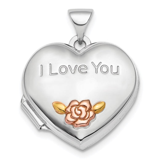 SSP Sterling Silver Rhod-plate Rose & Gold-tone Flower I Love You Heart Locket