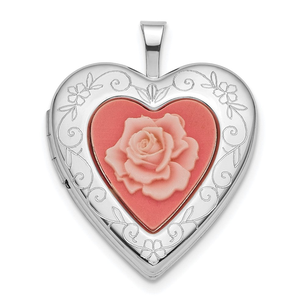 SSP Sterling Silver Rhod-pltd 20mm Pink Resin Rose Cameo Heart Locket