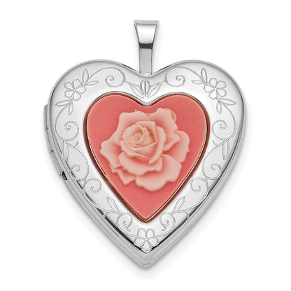 SSP Sterling Silver Rhod-pltd 20mm Pink Resin Rose Cameo Heart Locket