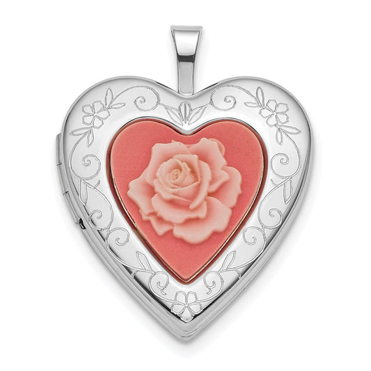 SSP Sterling Silver Rhod-pltd 20mm Pink Resin Rose Cameo Heart Locket