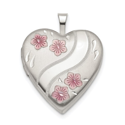 SSP Sterling Silver Rhodium-plated 20mm Pink Enamel Flower Heart Locket