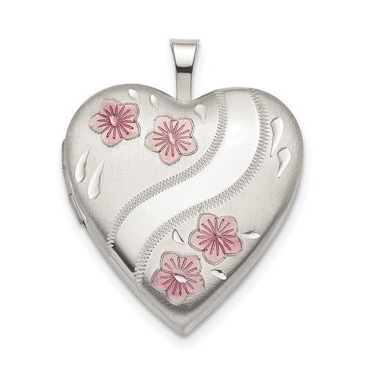 SSP Sterling Silver Rhodium-plated 20mm Pink Enamel Flower Heart Locket