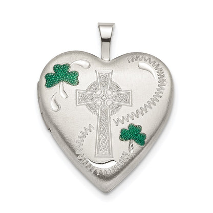SSP Sterling Silver Rhod-pltd 20mm Green Enamel Clover/Cross Heart Locket
