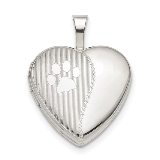 SSP Sterling Silver Rhodium-plated 16mm Paw Print Heart Locket