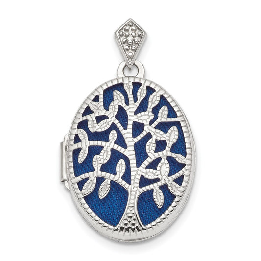SSP Sterling Silver Rhodium-plate Polished & Textured Diamond Tree Locket