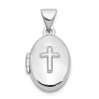 SSP Sterling Silver Rhodium-plated Cross 16mm Oval Locket