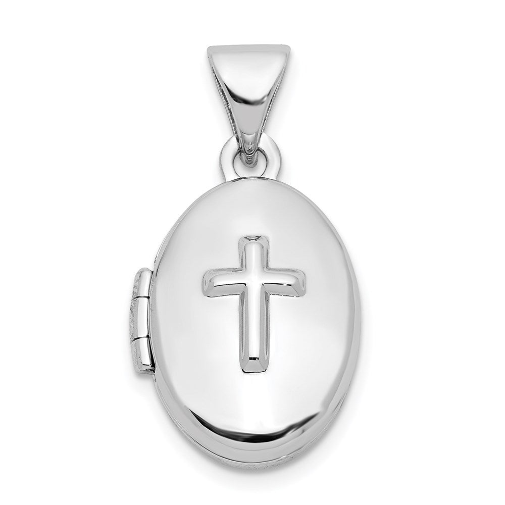 SSP Sterling Silver Rhodium-plated Cross 16mm Oval Locket