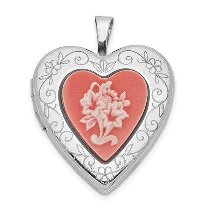 SSP Sterling Silver 20mm Polished Pink Resin Cameo Flower Heart Locket