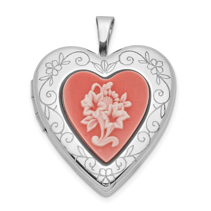 SSP Sterling Silver 20mm Polished Pink Resin Cameo Flower Heart Locket