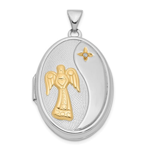 SSP Sterling Silver RH-pltd w/Yellow Rhod Dia God Bless Angel Family Locket