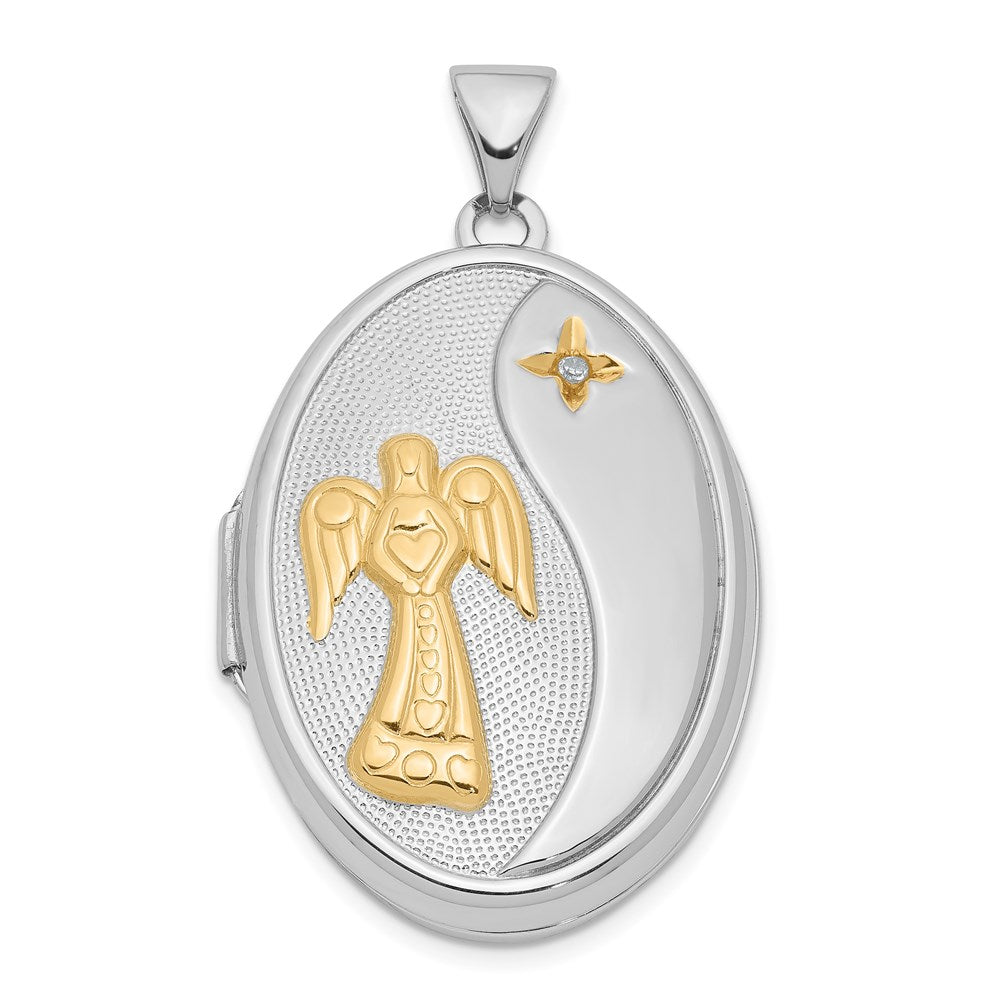 SSP Sterling Silver RH-pltd w/Yellow Rhod Dia God Bless Angel Family Locket