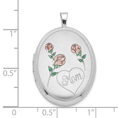 SSP Sterling Silver RH 26mm Satin/Polished Enameled Roses Mom Oval Locket