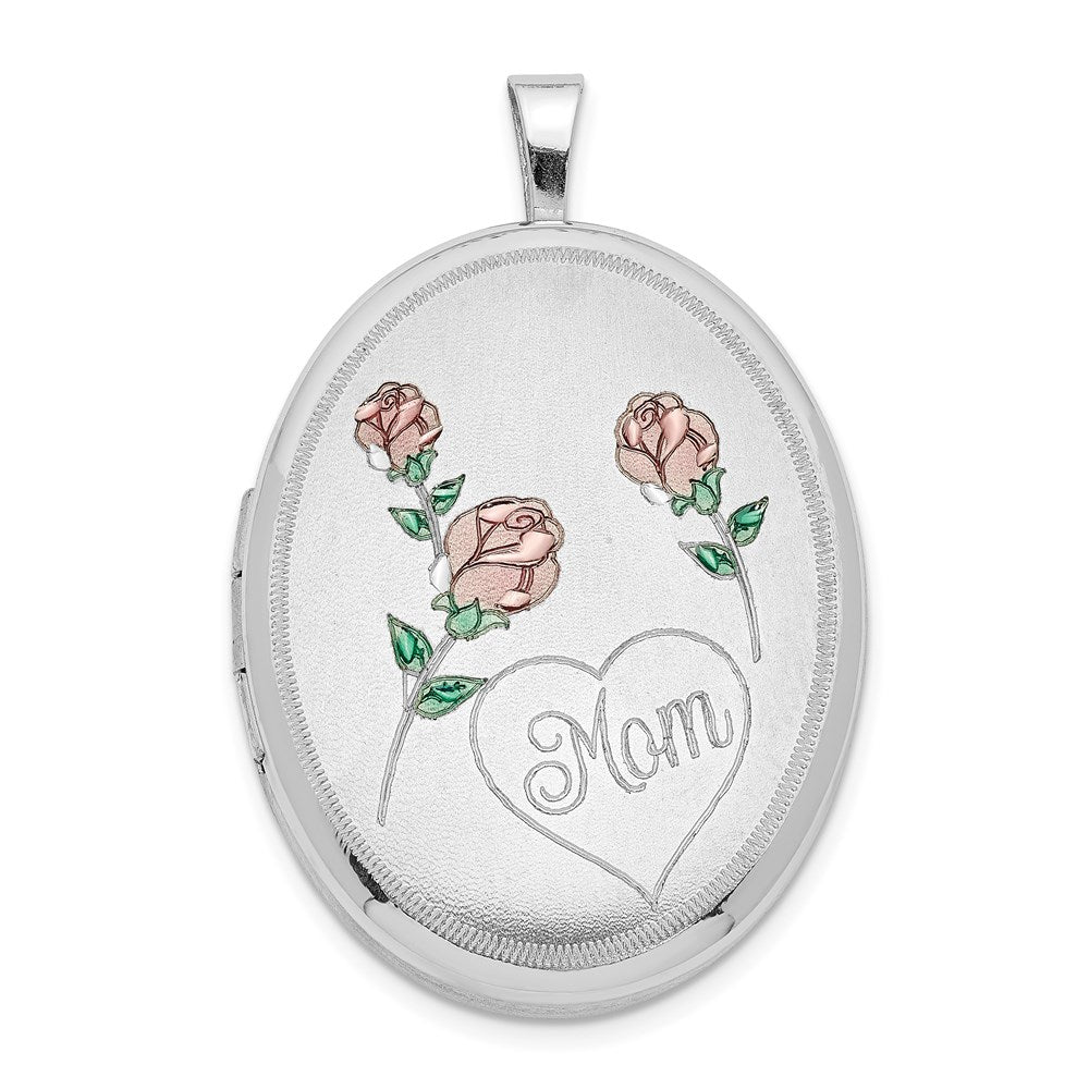 SSP Sterling Silver RH 26mm Satin/Polished Enameled Roses Mom Oval Locket