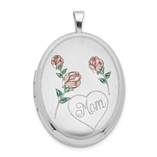 SSP Sterling Silver RH 26mm Satin/Polished Enameled Roses Mom Oval Locket