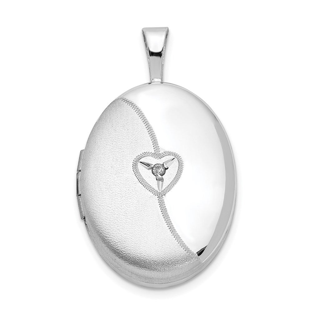 SSP Sterling Silver Rhod-plated 19mm Diamond Satin & Polished Heart Oval Locket