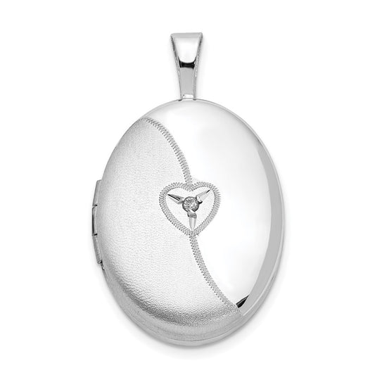 SSP Sterling Silver Rhod-plated 19mm Diamond Satin & Polished Heart Oval Locket