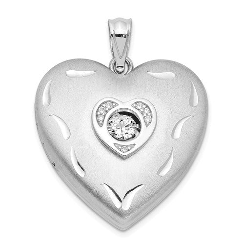 SSCZ Sterling Silver Rhodium-plated Satin Diamond & Vibrant CZ Heart Locket