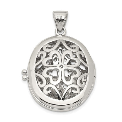 SSP Sterling Silver Rhodium-plated CZ Fancy Filigree Oval 22mm Locket