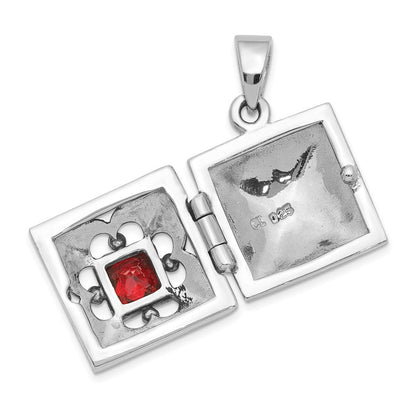GSS Sterling Silver Rhod-plated Polished/Antiqued Garnet Square 16mm Locket