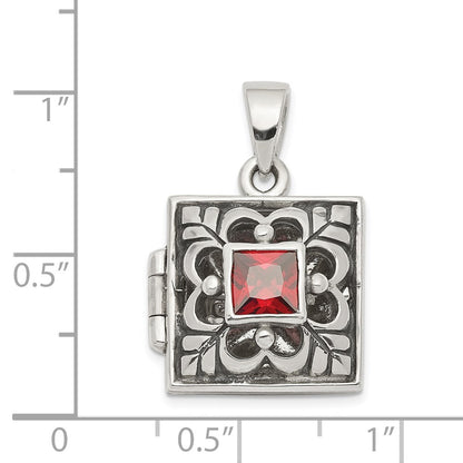 GSS Sterling Silver Rhod-plated Polished/Antiqued Garnet Square 16mm Locket