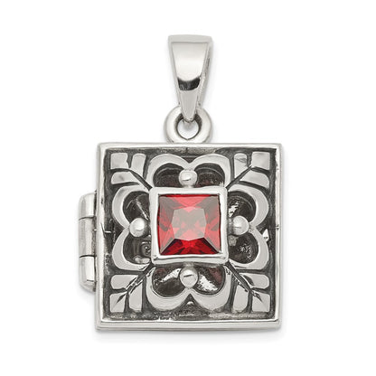GSS Sterling Silver Rhod-plated Polished/Antiqued Garnet Square 16mm Locket