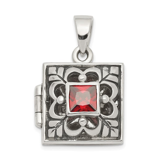 GSS Sterling Silver Rhod-plated Polished/Antiqued Garnet Square 16mm Locket