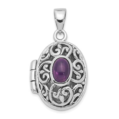 GSS Sterling Silver Rhodium-plated and Antiqued Amethyst Locket