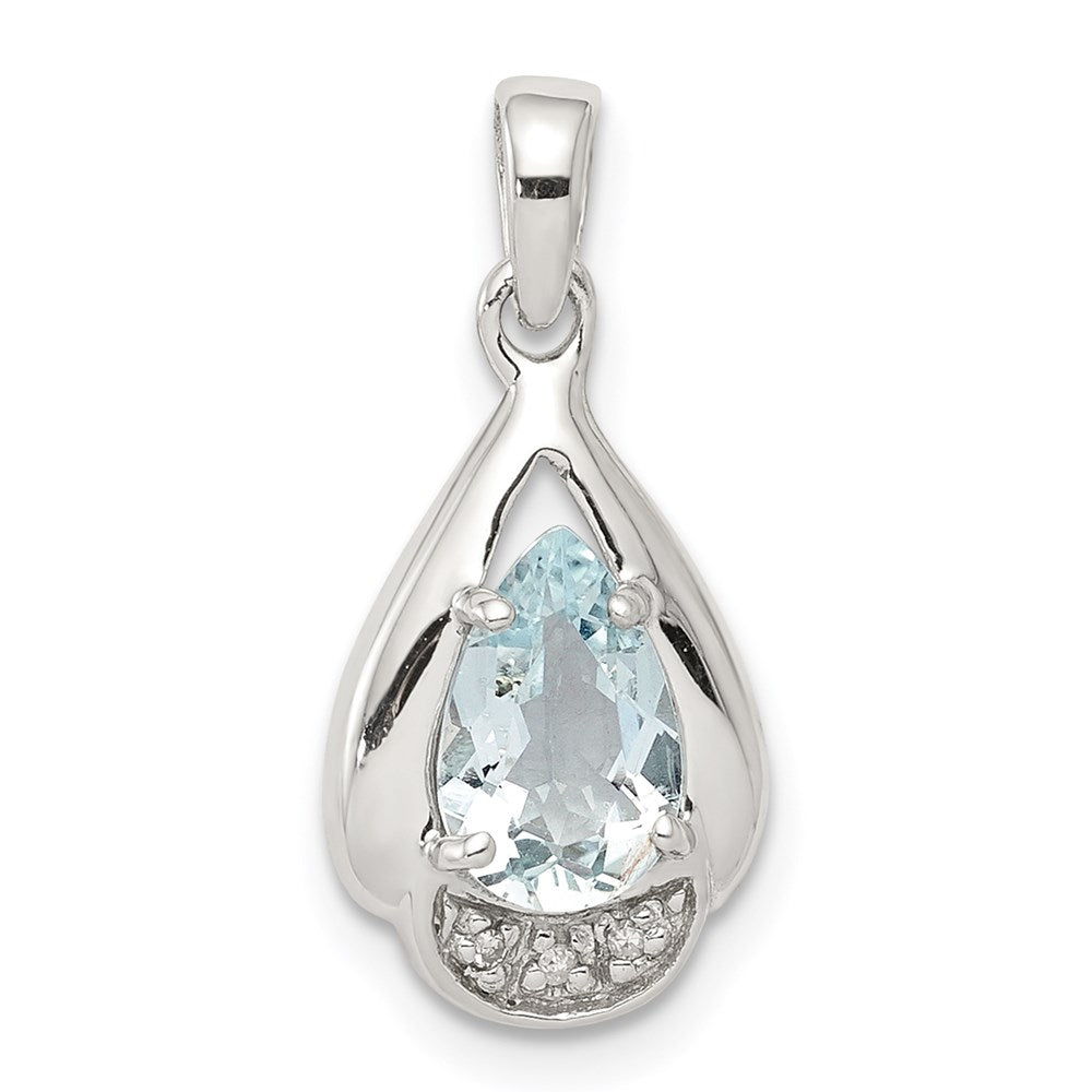 GSS Sterling Silver Rhodium Plated Diamond and Aquamarine Pendant