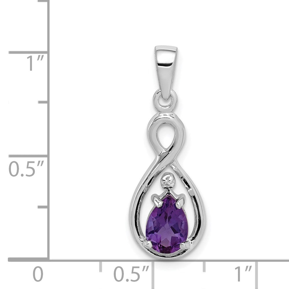 GSS Sterling Silver Rhodium Plated Diamond and Amethyst Teardrop Pendant