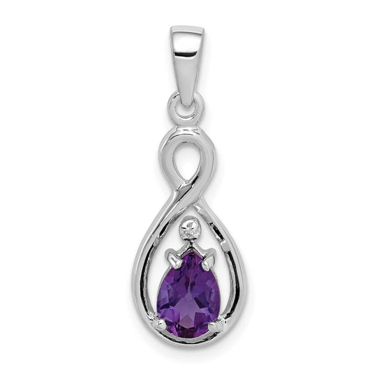GSS Sterling Silver Rhodium Plated Diamond and Amethyst Teardrop Pendant