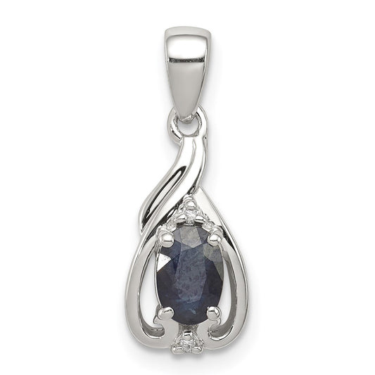 GSS Sterling Silver Rhodium Plated Diamond & Sapphire Oval Pendant