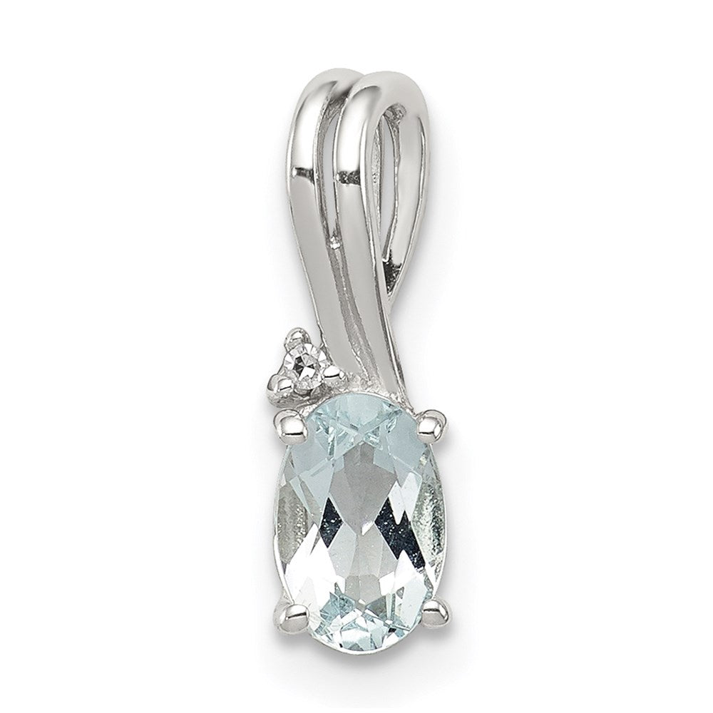 GSS Sterling Silver Rhodium Plated Diamond Aquamarine Oval Pendant