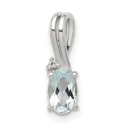 GSS Sterling Silver Rhodium Plated Diamond Aquamarine Oval Pendant