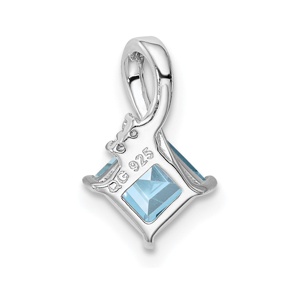 GSS Sterling Silver Rhodium Plated Dia. & Aquamarine Square Pendant
