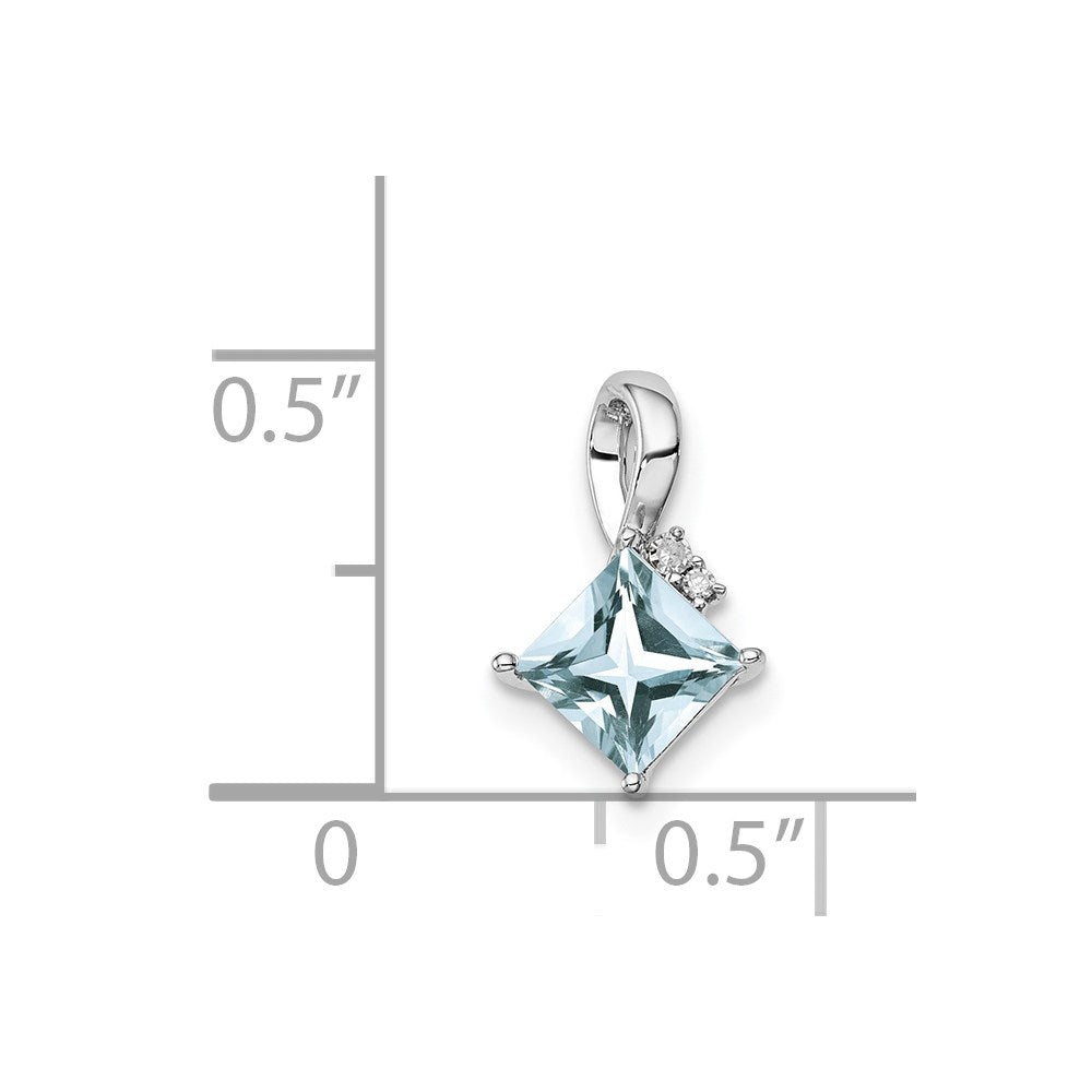 GSS Sterling Silver Rhodium Plated Dia. & Aquamarine Square Pendant