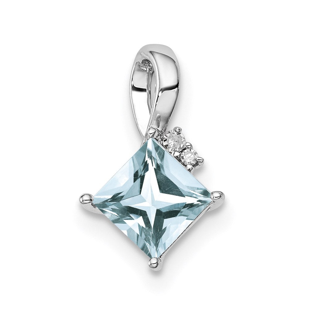 GSS Sterling Silver Rhodium Plated Dia. & Aquamarine Square Pendant