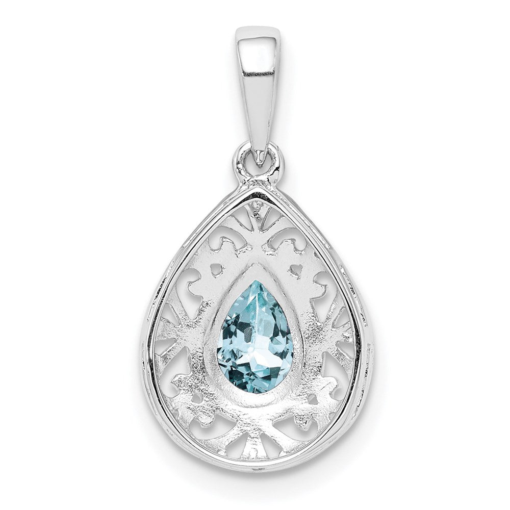 GSS Sterling Silver Rhodium Plated Aquamarine Teardrop Pendant