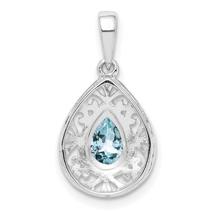 GSS Sterling Silver Rhodium Plated Aquamarine Teardrop Pendant