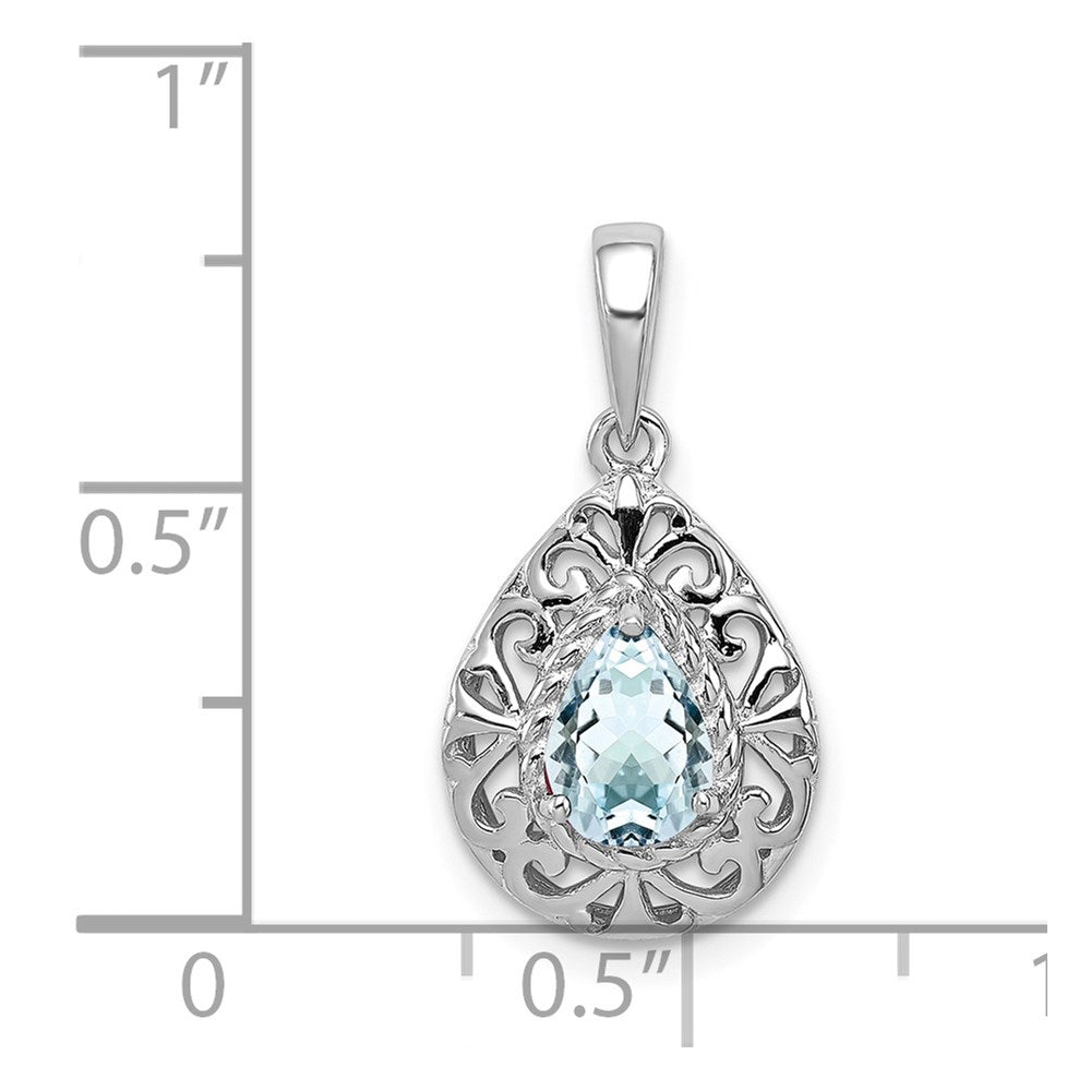 GSS Sterling Silver Rhodium Plated Aquamarine Teardrop Pendant