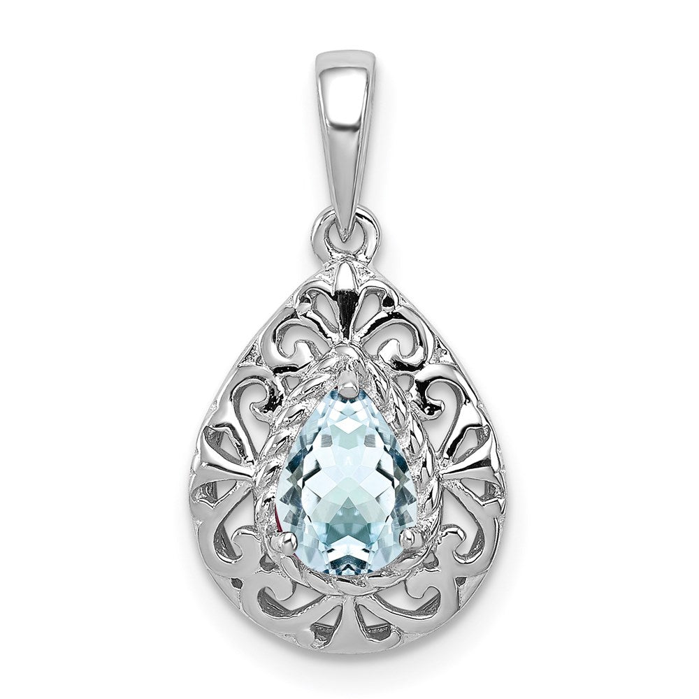 GSS Sterling Silver Rhodium Plated Aquamarine Teardrop Pendant