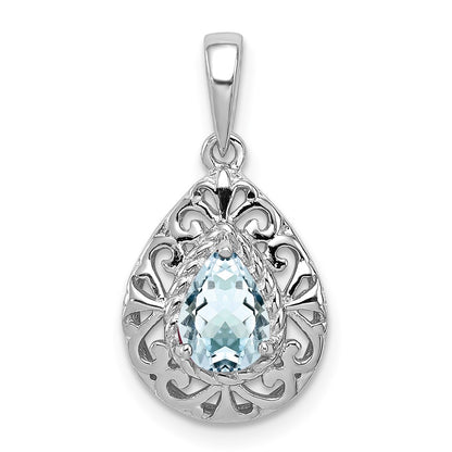 GSS Sterling Silver Rhodium Plated Aquamarine Teardrop Pendant